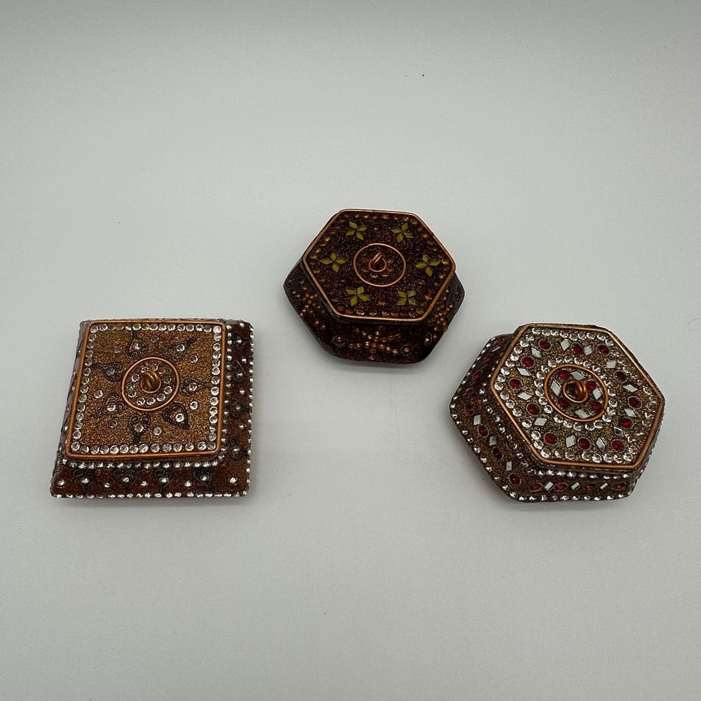 Vintage Enamel Trinket Box Set Rhinestone Mirrored Jeweled Bohemian Decor 3pc